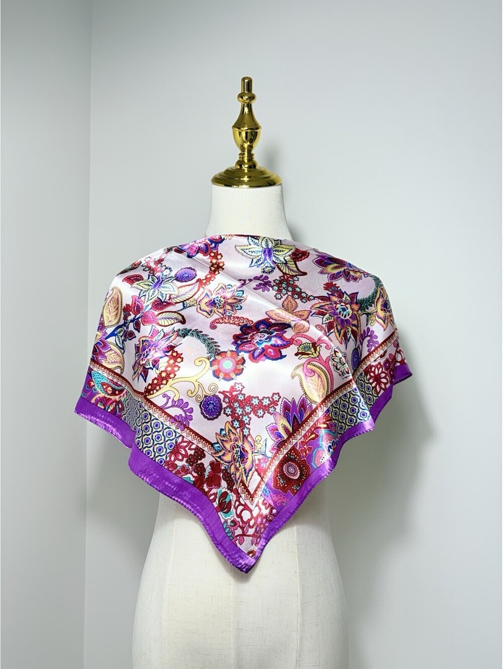 Women's Square Scarf Purple Floral Flower Print Pink Multicolor Border